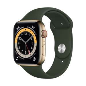 Apple Watch Series 6 GPS + Cellular, 44mm Gold Stainless Steel Case with Cyprus Green Sport Band – Regular